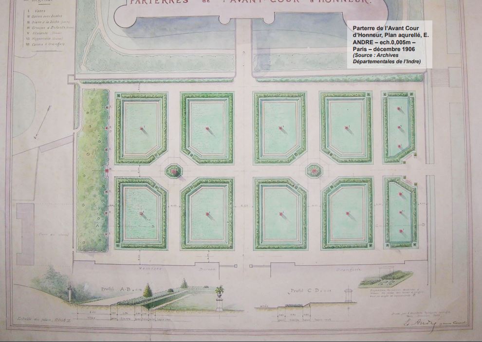 Parterre de l’avant-cour d’honneur, Plan aquarellé, Paris, décembre 1906